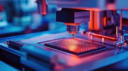 Precision Laser Cutting on a Silicon Wafer. The laser head is focused on the wafer, performing intricate cuts required for semiconductor manufacturing. 