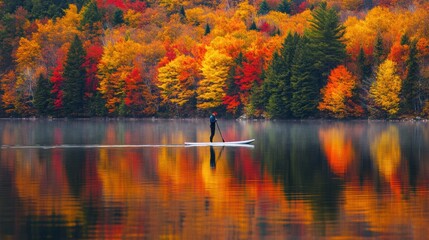 Fototapeta premium A man doing paddleboarding in still lake water with colorful Autumn foliage woods