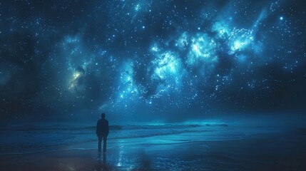 Fototapeta premium A lone figure stands on a beach, gazing at a spectacular night sky filled with stars and a swirling nebula.