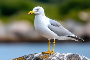 Fototapeta premium A seagull standing proudly on a rock, a fish gripped firmly in its beak after a successful dive