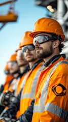 Fototapeta premium A group of construction workers in hard hats and safety glasses stand in a line, looking determined and ready for work.
