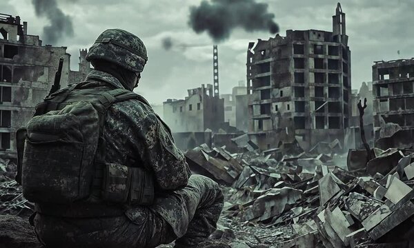 
A soldier with a machine gun stands amidst ruins, witnessing a nuclear explosion