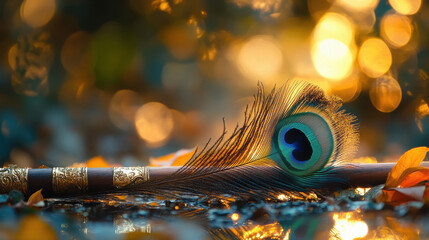 Beautiful peacock feather and flute as symbol of Hindu god Lord Krishna.
