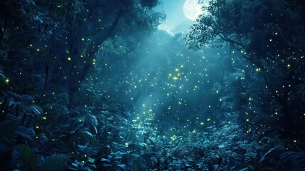 Fototapeta premium bioluminescent rainforest night ethereal scene of glowing fungi and fireflies illuminate dense tropical foliage moonlight filters through canopy creating a magical atmosphere