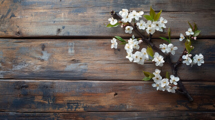 “A branch of white cherry blossoms in a rustic wooden interior.”
