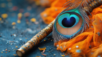 Beautiful peacock feather and flute as symbol of Hindu god Lord Krishna.