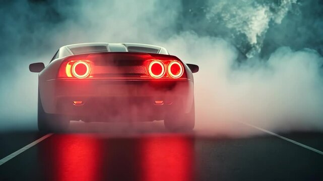 Powerful sports car revs and drifts through smoky streets at night in urban setting