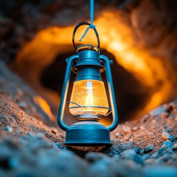 A vintage lantern illuminates a dark cave entrance, casting a warm glow.