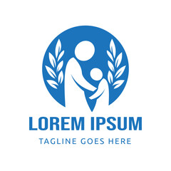 Family Symbol Design, with adults and children holding hands inside a blue circle. Surrounded by laurel leaves Vector Design Illustration