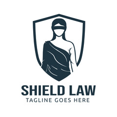 Justice Logo Design with a woman figure with a blindfold, inside a Shield as a Symbol of Legal Protection Vector Design Illustration