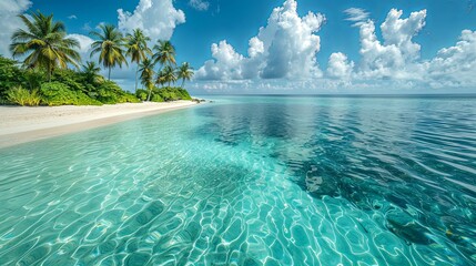 Tropical Island Beach with Palm Trees and Clear Blue Water