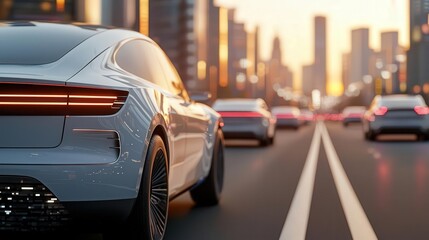 A futuristic cityscape with electric cars driving safely, highlighting the importance of safety standards