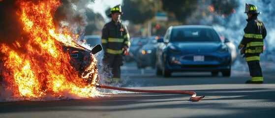 A public safety demonstration on handling electric vehicle fires, with a focus on the correct procedures