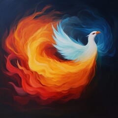 Obraz premium A white bird with wings of fire and smoke, a symbol of rebirth and transformation, against a dark background.
