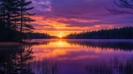 Fototapeta premium breathtaking sunset over tranquil lake vibrant orange and purple sky reflected in rippling water silhouetted trees on shoreline