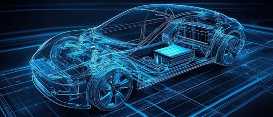 A technical blueprint of an electric vehicle, highlighting the safety features of the lithium battery