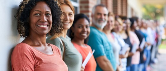 United Voters at Polling Station - Smiling Faces of Diverse Community Displaying Civic Engagement and Unity in High-Definition Image