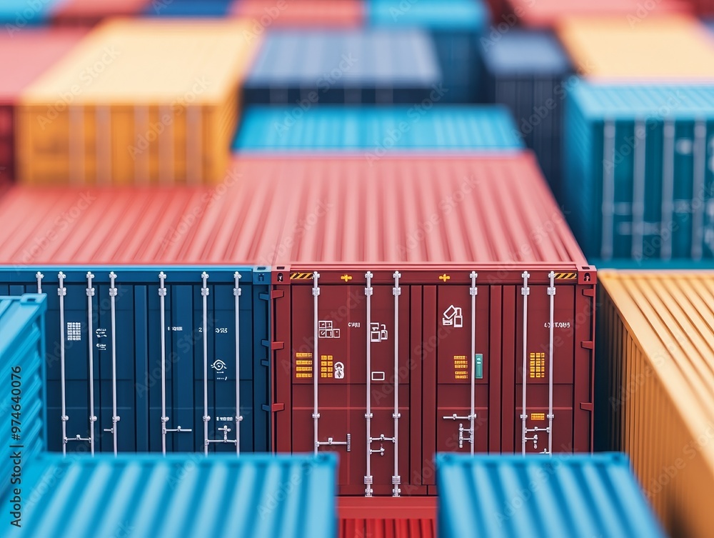 Poster a colorful array of shipping containers stacked high, representing global trade and logistics.