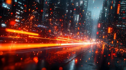 Long exposure of a city street at night, with glowing car lights streaking through the scene. The 3D rendering brings a sense of excitement and movement to the urban landscape