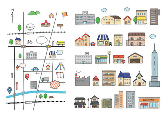 いろんな建物と地図の手描きイラストセット（カラー）