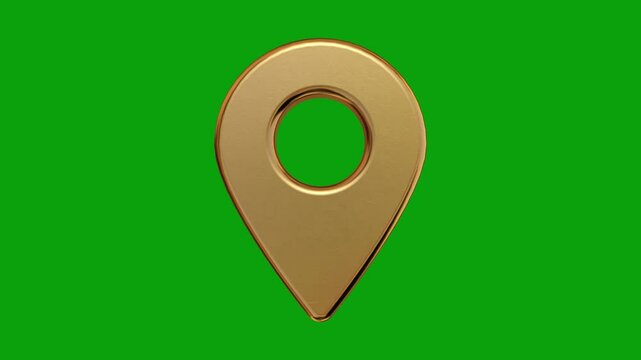 Gold gps pin map mark icon sign symbol element loop seamless green screen background. 3d Animation of Golden location pin spinning in Green chroma background. Animated Rotating and Appearing Map Sign