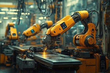 futuristic factory interior with robotic arms performing precision welding supervised by an engineer using advanced digital interfaces