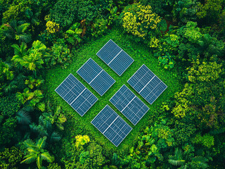 Aerial view of solar panels installed in a lush green forest, showcasing renewable energy and sustainability in nature.