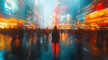 Timelapse of people walking down a city street at night, with blurred motion capturing the energy of urban life. The 3D photography brings out the fast-paced movement