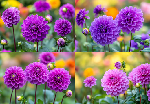 A close-up of vibrant purple dahlia flowers in full bloom, with blurred greenery and other colorful blooms in the background - Powered by Adobe