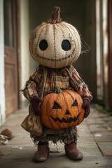Cute Spooky Pumpkin Head Patchwork Scarecrow Jack-o'-lantern with Trick or Treat Pumpkin. Halloween Poster and Card. 