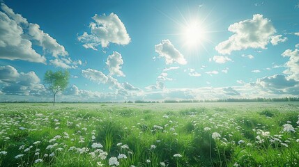 Obraz premium A lone tree in a field of white flowers under a bright blue sky with fluffy clouds and a shining sun