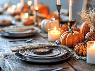 Naklejka premium Cozy table setting with candles, pumpkins, and rustic decor, perfect for autumn gatherings and festive celebrations.