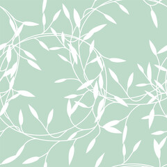 A seamless pattern featuring delicate white vines and leaves on a soft mint green background.