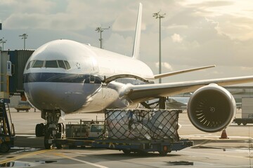 Fototapeta premium Speed and Scale of Air Freight: Loading Cargo onto an Airplane at the Airport