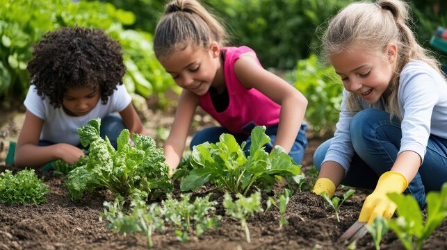 children tending to school garden diverse group planting and watering vegetables colorful tools and plants sense of education and environmental stewardship