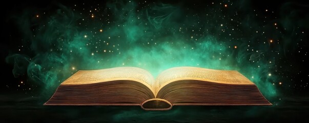 An open book with a mystical, glowing ambiance, surrounded by green and starry elements, inviting imagination and creativity.