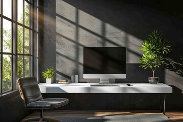 Modern minimalist home office with white desk, iMac, dark grey walls, leather chair, and potted plant. Serene workspace with natural light and sleek design.