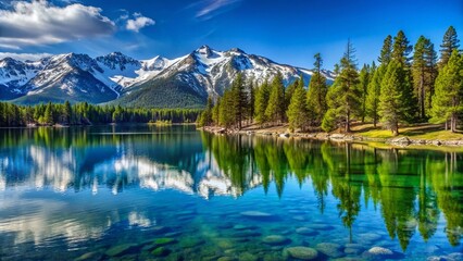 Snow-capped Sierra Nevada mountains majestically rise above the tranquil shoreline of South Lake Tahoe, surrounded by lush green forests and reflected in calm waters.