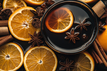 A mulled wine background highlighting ingredients like oranges, cinnamon, cloves, and star anise, embodying the cozy warmth of this classic winter beverage.