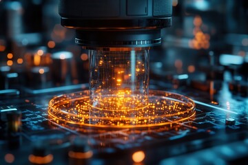 futuristic laboratory glowing petri dish 3d holographic bacteria visualization nanobot interactions bioluminescent microorganisms hightech microscopy scifi medical research aesthetic