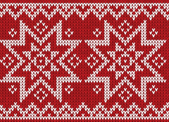 A decorative red and white knitted pattern featuring stars and hearts, ideal for textiles or holiday designs.
