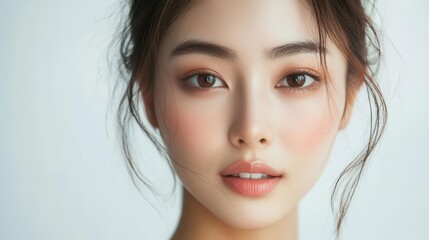 Naklejka premium closeup portrait of a beautiful asian woman with flawless skin soft flattering studio lighting minimalist white background and a serene expression