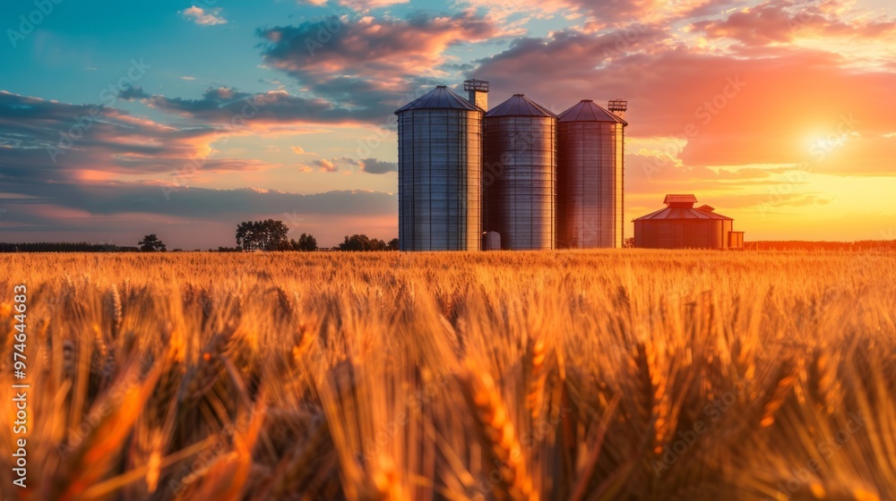 Poster a field of golden wheat with three silo towers in the background