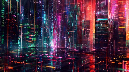 Vibrant abstract art of a neon cityscape with futuristic skyscrapers and flowing digital code