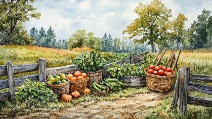 A picturesque rural scene featuring vibrant vegetables and fruits displayed in baskets, surrounded by lush greenery and rustic charm.