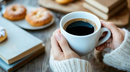 Close-up of hands holding a mug of black coffee with a cozy sweater, set on a rustic wooden table, surrounded by books and fresh pastries, evoking a peaceful and calming morning routine.