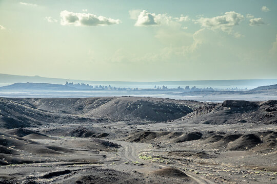 Volcanic hills landcape at salt lake Abbe, Dikhil region, Djibouti