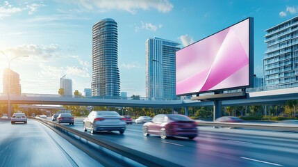 Cityscape with a large digital billboard and busy traffic during sunset.