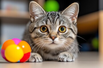 An adventurous American Shorthair investigating a new toy, showcasing its curious and playful personality