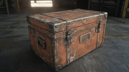 A vintage, weathered metal box with rust and wear, perfect for storage or as a decorative piece in any rustic setting.